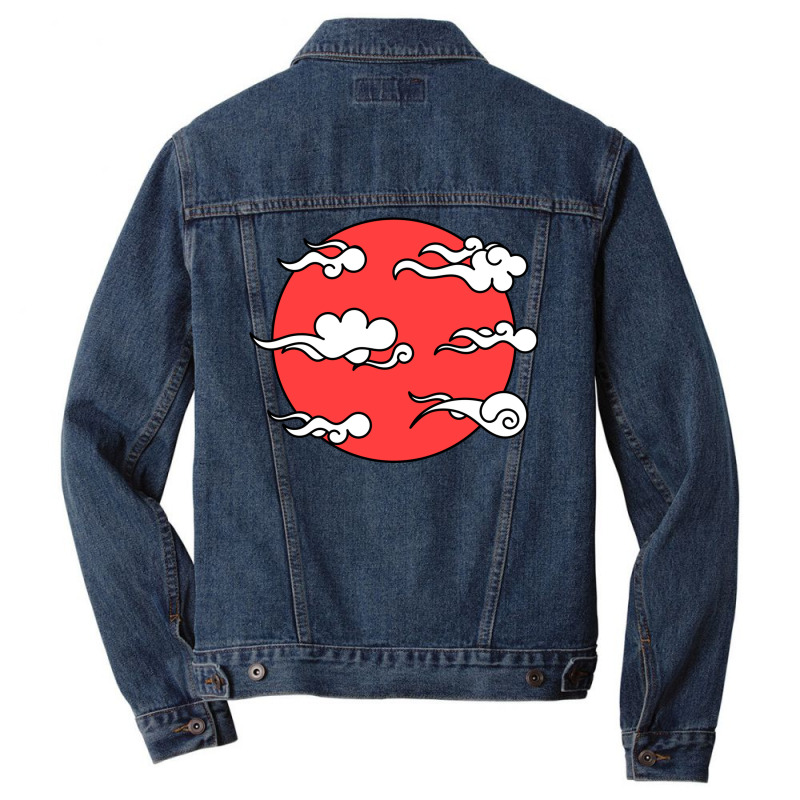 Japanese Wind Clouds Line Art With Red Sun And White Clouds Men Denim Jacket | Artistshot