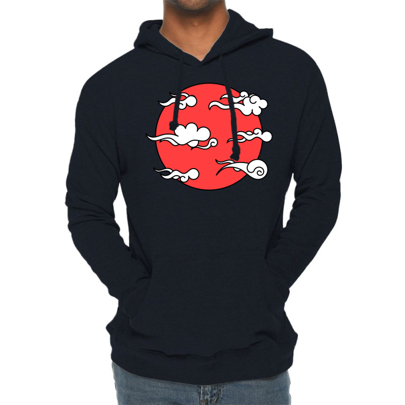 Japanese Wind Clouds Line Art With Red Sun And White Clouds Lightweight Hoodie | Artistshot