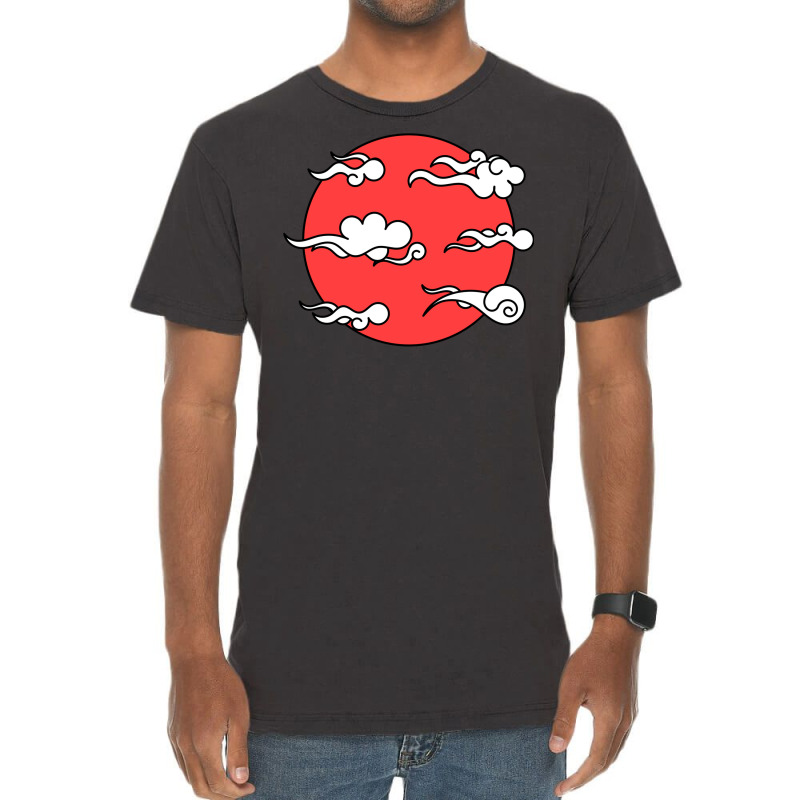 Japanese Wind Clouds Line Art With Red Sun And White Clouds Vintage T-shirt | Artistshot