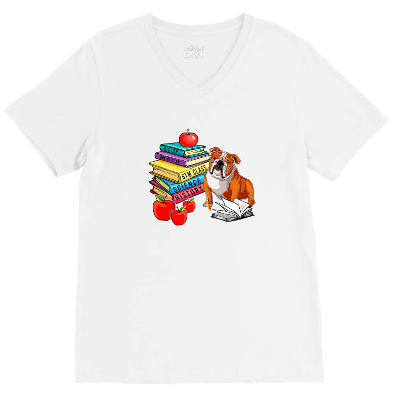 English Bulldog Sunglasses School Books First Day Of School V-neck Tee | Artistshot