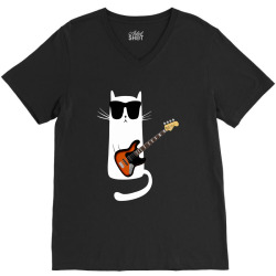 Funny Cat Wearing Sunglasses Playing Bass Guitar V-Neck Tee | Artistshot