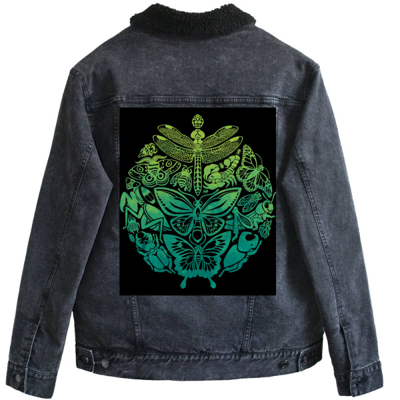 Bugs And Butterflies Green Poster Cute Unisex Sherpa-lined Denim Jacket | Artistshot