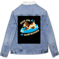 Happy Dog On Surfboard Wave Throw Pillow Tshirt Poster Humor Unisex Sherpa-lined Denim Jacket | Artistshot