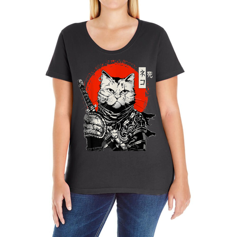 Samurai Japanese Cat Bushido Warrior, Katana Sword Retro Ladies Curvy T-Shirt by vakkerolbreiq | Artistshot