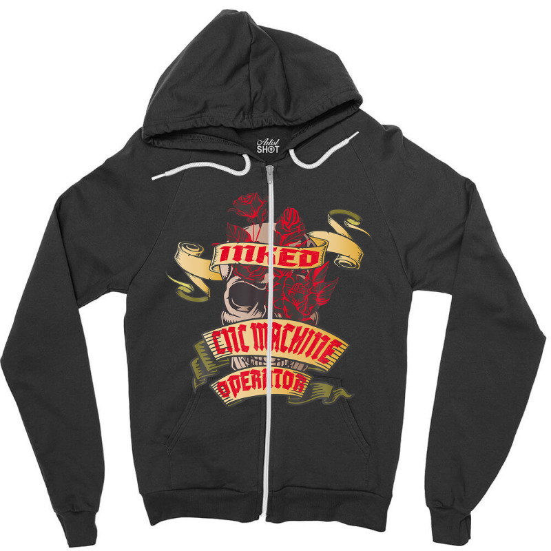 Cnc Machine Operator Inked Skull & Red Roses Tattoo Zipper Hoodie | Artistshot