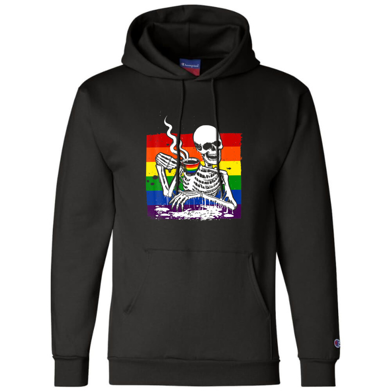 Skeleton Drinking Coffee Lgbtq Retro Gay Pride Flag Champion Hoodie | Artistshot