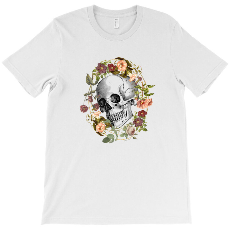 Vintage Flowers Black Skull Art By The Rebellious Gardener T-shirt | Artistshot