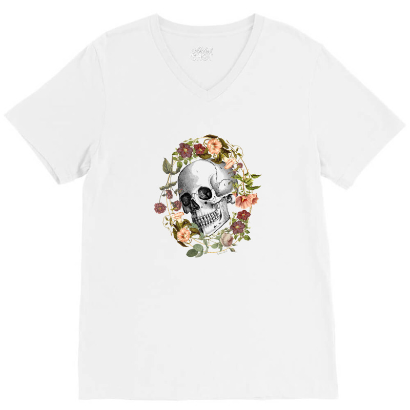 Vintage Flowers Black Skull Art By The Rebellious Gardener V-neck Tee | Artistshot