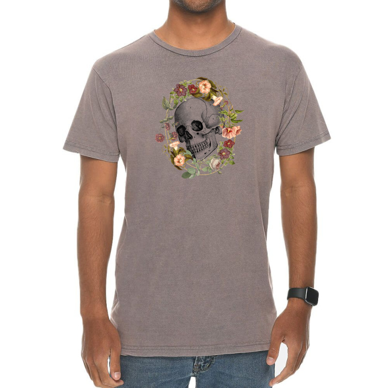 Vintage Flowers Black Skull Art By The Rebellious Gardener Vintage T-shirt | Artistshot