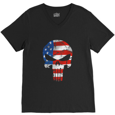 The Punisher - Usa Flag Grunge V-neck Tee Designed By Jetstar99