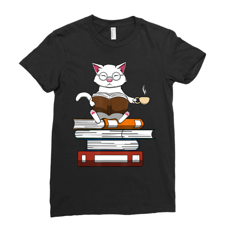 Trending Cat Kitty Reading Books Coffee Ladies Fitted T-Shirt by bummercaught | Artistshot