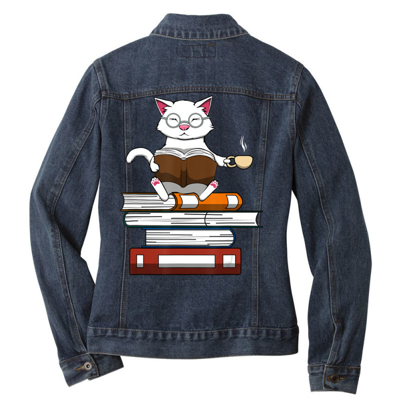 Trending Cat Kitty Reading Books Coffee Ladies Denim Jacket by bummercaught | Artistshot