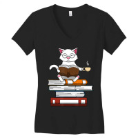 Trending Cat Kitty Reading Books Coffee Women's V-neck T-shirt | Artistshot