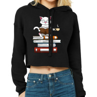 Trending Cat Kitty Reading Books Coffee Cropped Hoodie | Artistshot