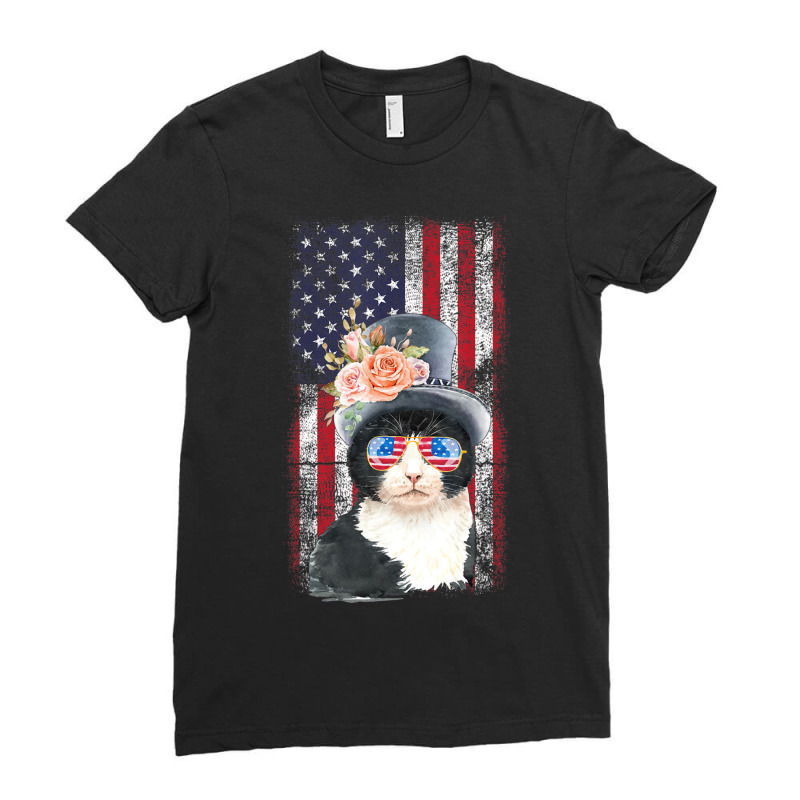 Trending Patriotic Tuxedo Cat 4th Of July Sunglasses Us Ladies Fitted T-Shirt by fenderbendable | Artistshot