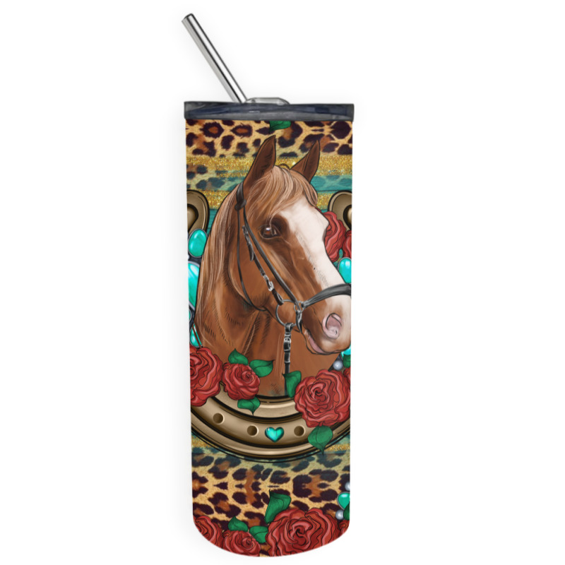Western Horse Horseshoe Roses Gemstones Glitter Wooden Skinny Tumbler