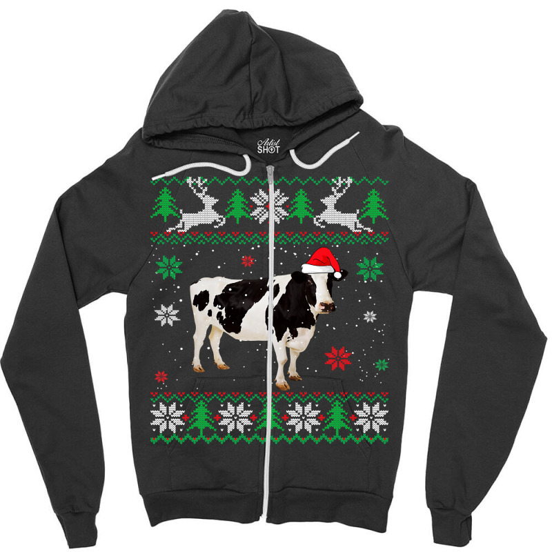 Cow Funny Cattle Ugly Sweater Christmas Dairy Cow Lover Santa Hat Anim Zipper Hoodie | Artistshot