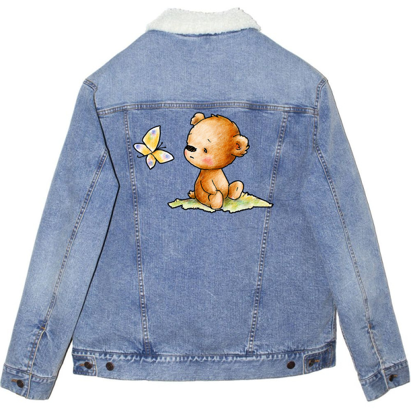 Drawing Of Cute Teddy Bear With Butterfly Unisex Sherpa-lined Denim Jacket | Artistshot