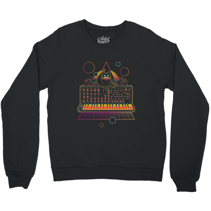 Synthwave Cat On Synthesizer Essential Crewneck Sweatshirt | Artistshot