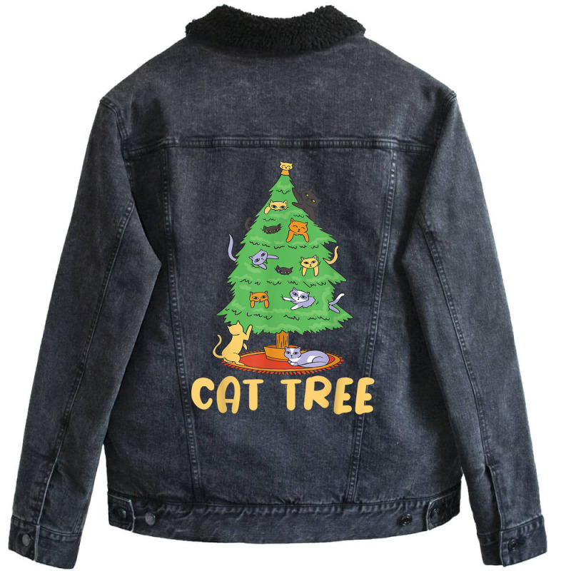 Cat Tree With Cats And Christmas Tree Unisex Sherpa-Lined Denim Jacket by Hugo M Garney | Artistshot