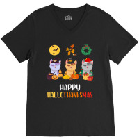 Kitten Cat Halloween Christmas Cats Happy Hallothanksmas Cat Swea V-neck Tee | Artistshot