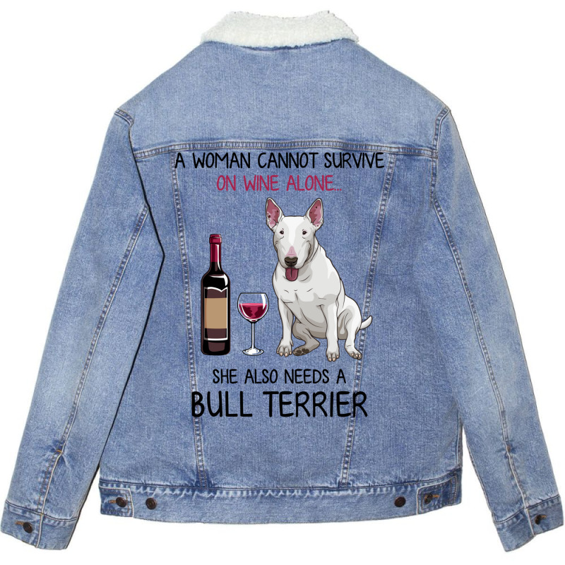 Bull Terrier And Wine Funny Dog Unisex Sherpa-Lined Denim Jacket by fieldingnortheast | Artistshot