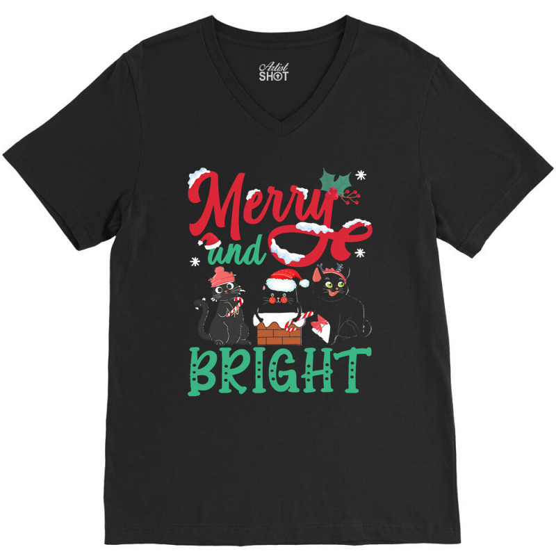 Merry And Bright Black Cat Christmas Merry And Bright Black Cat Christ V-Neck Tee by Hugo M Garney | Artistshot