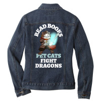 Limited Edition Read Books Pet Cats Fight Dragons Knight Fun Reading Ladies Denim Jacket | Artistshot