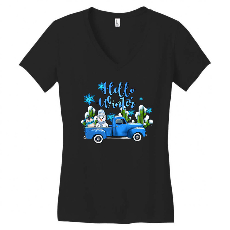 Hello Winter With Sniwman And  Truck Women's V-Neck T-Shirt by AdoDesignShop | Artistshot