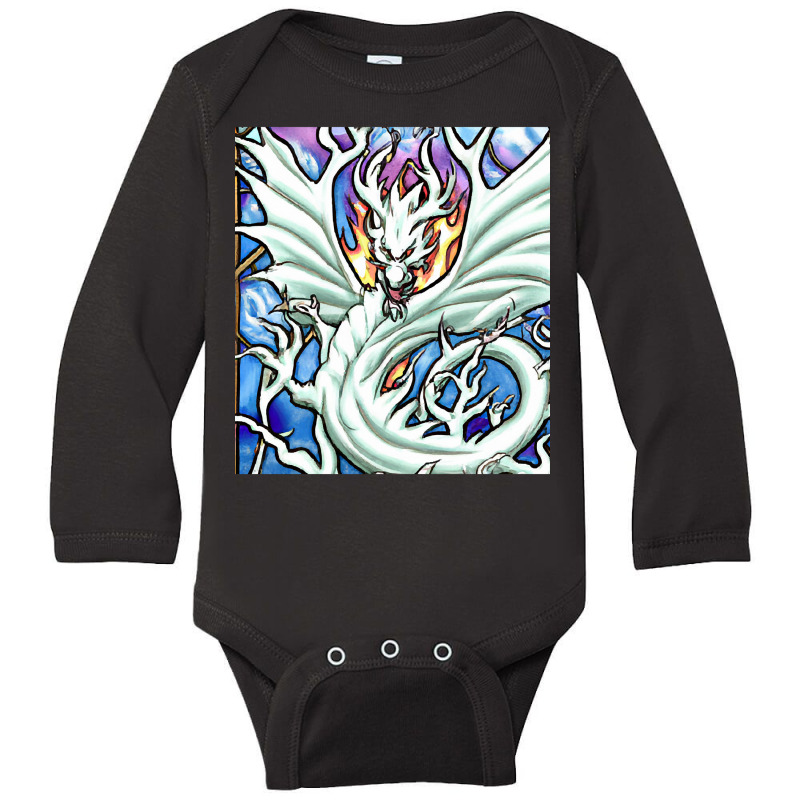 Hot Trend White Dragon Breathing Fire Stained Glass Long Sleeve Baby Bodysuit by declangreenwood | Artistshot