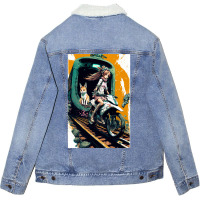 Japanese Anime Girl Riding A Bike On The Train Track Unisex Sherpa-lined Denim Jacket | Artistshot