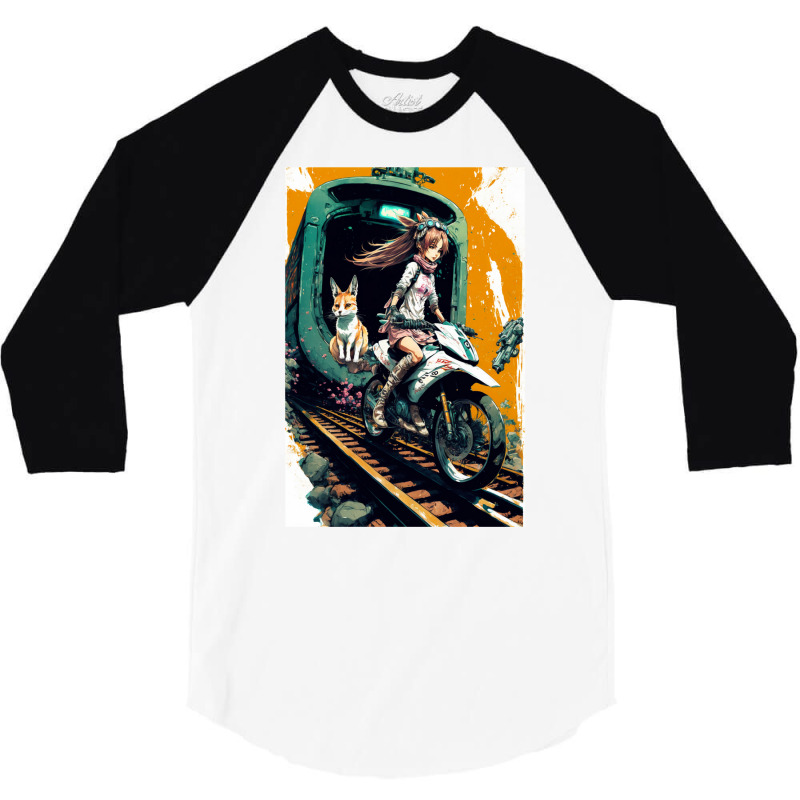 Japanese Anime Girl Riding A Bike On The Train Track 3/4 Sleeve Shirt by ilmursaifouz | Artistshot