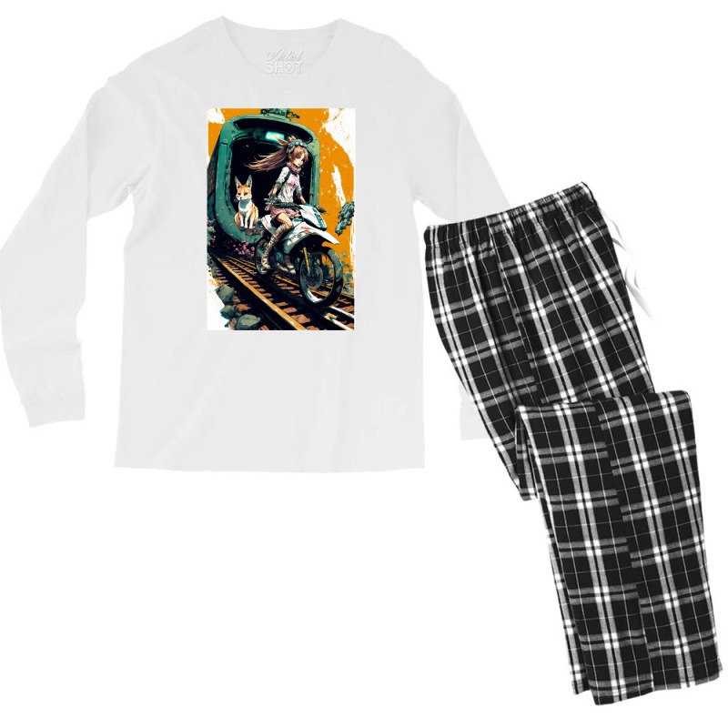 Japanese Anime Girl Riding A Bike On The Train Track Men's Long Sleeve Pajama Set by ilmursaifouz | Artistshot