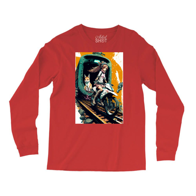 Japanese Anime Girl Riding A Bike On The Train Track Long Sleeve Shirts by ilmursaifouz | Artistshot