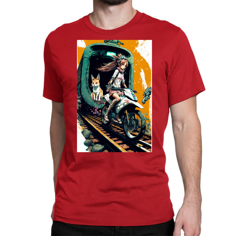 Japanese Anime Girl Riding A Bike On The Train Track Classic T-shirt by ilmursaifouz | Artistshot