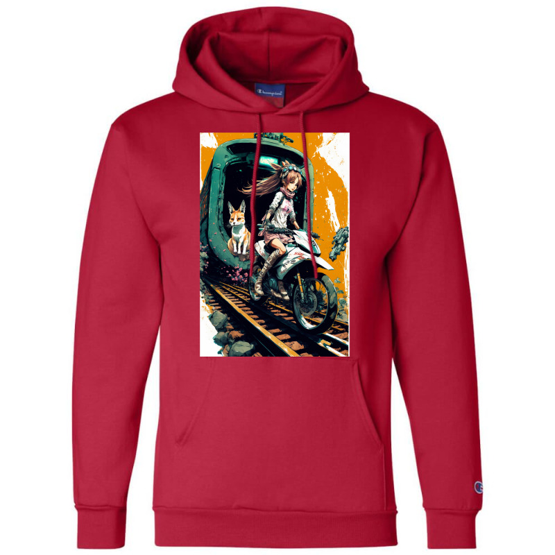 Japanese Anime Girl Riding A Bike On The Train Track Champion Hoodie by ilmursaifouz | Artistshot