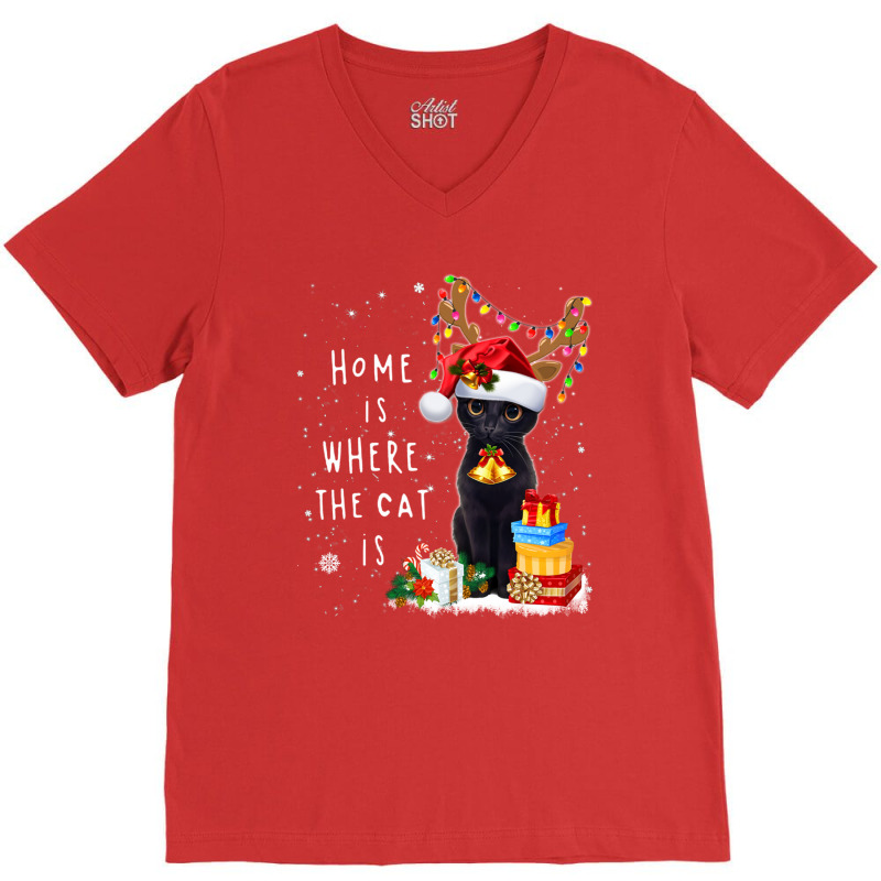 Black Cat Home Is Where The Cat Is Christmas Kitty Kitten V-neck Tee | Artistshot