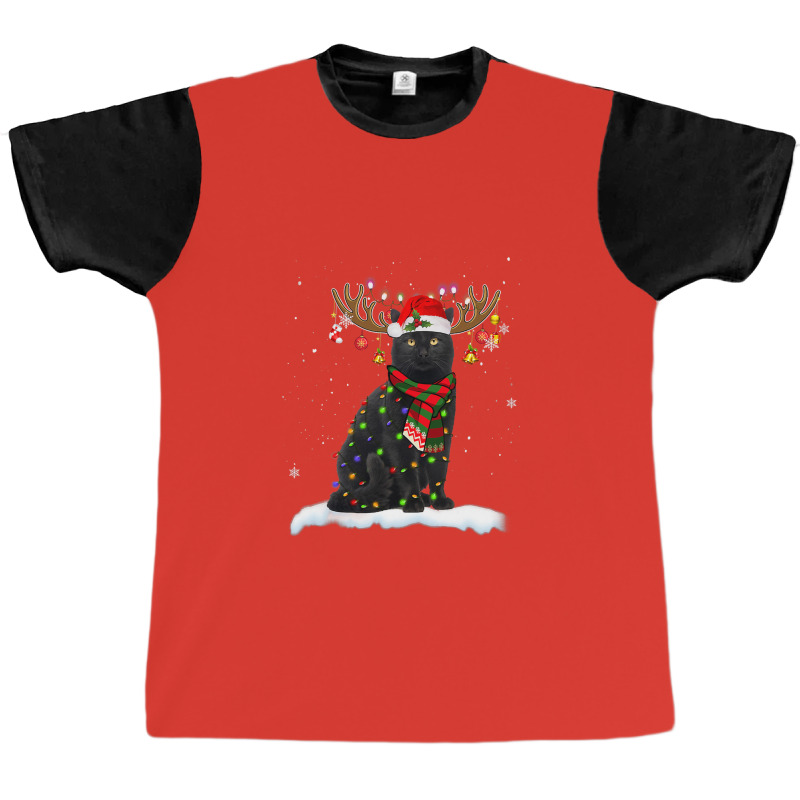 Black Cat Reindeer Christmas Light Shirt Cat Lover Christmas Graphic T-shirt | Artistshot