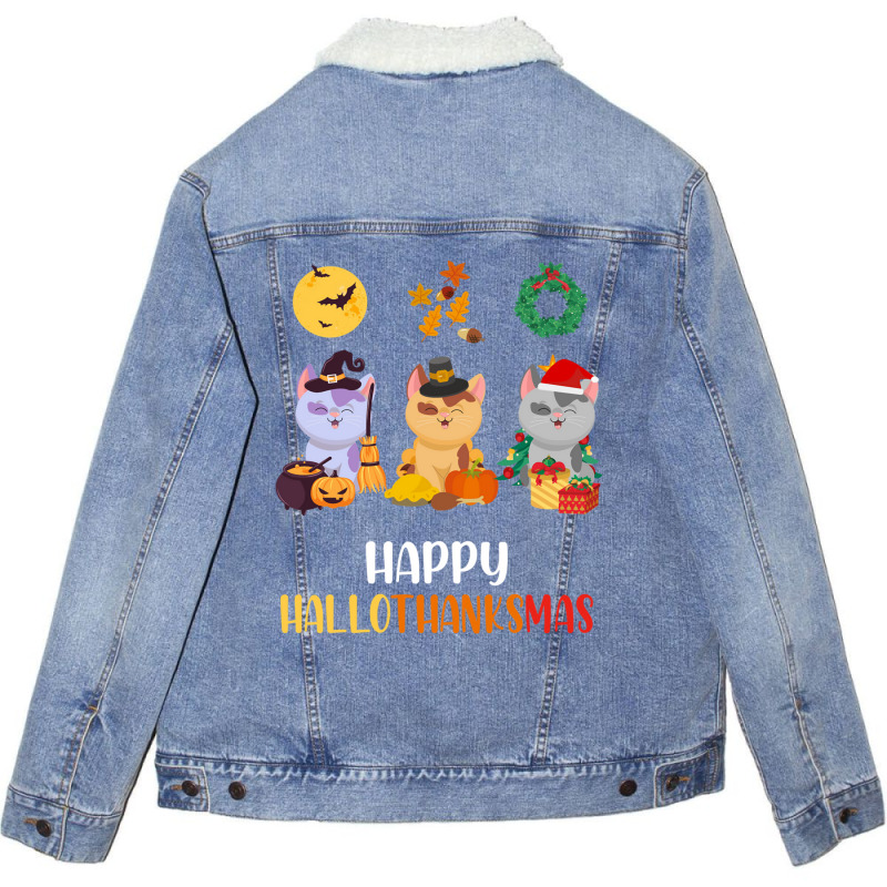 Kitten Cat Halloween Christmas Cats Happy Hallothanksmas Cat Swea Unisex Sherpa-lined Denim Jacket | Artistshot