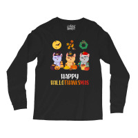 Kitten Cat Halloween Christmas Cats Happy Hallothanksmas Cat Swea Long Sleeve Shirts | Artistshot