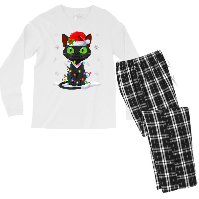 Santa Hat Cat Christmas Lights Funny Kitten Cat Lover Men's Long Sleeve Pajama Set | Artistshot