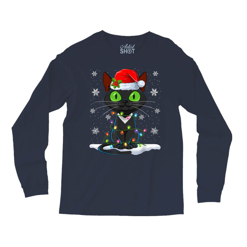 Santa Hat Cat Christmas Lights Funny Kitten Cat Lover Long Sleeve Shirts | Artistshot