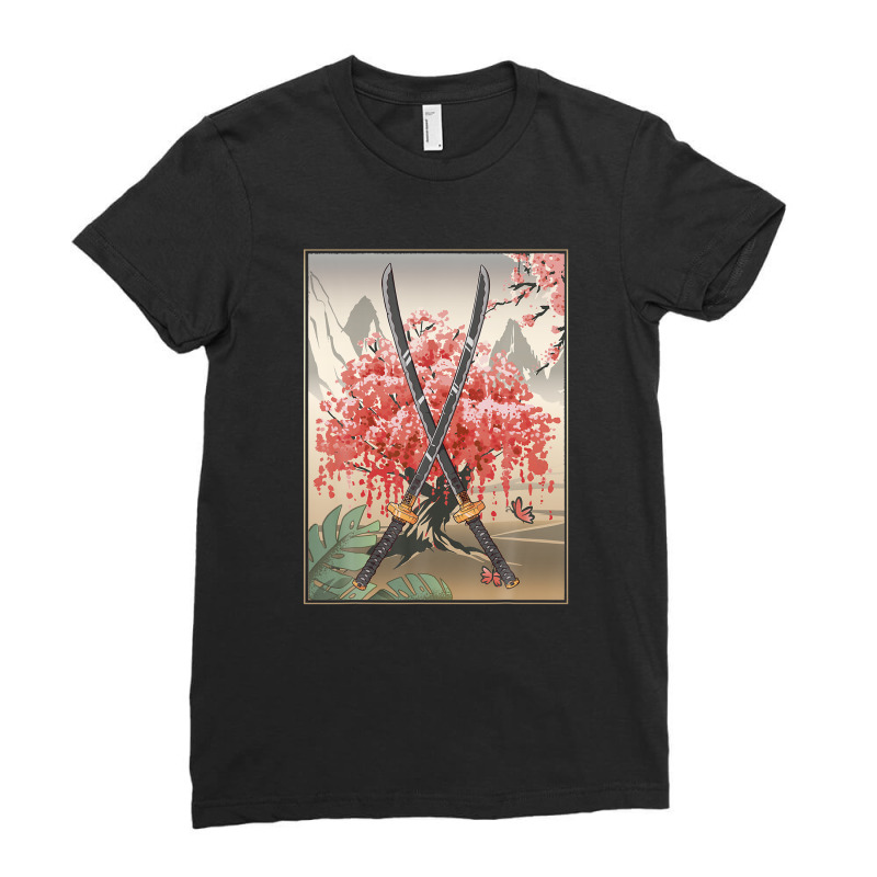 Ancient Japanese Culture Sakura Cherry Blossom Katana Sword Ladies Fitted T-Shirt by kaciacindz6 | Artistshot