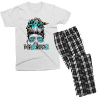 Messy Bun Women Glasses Teal Ribbon Ptsd Warrior Men's T-shirt Pajama Set | Artistshot