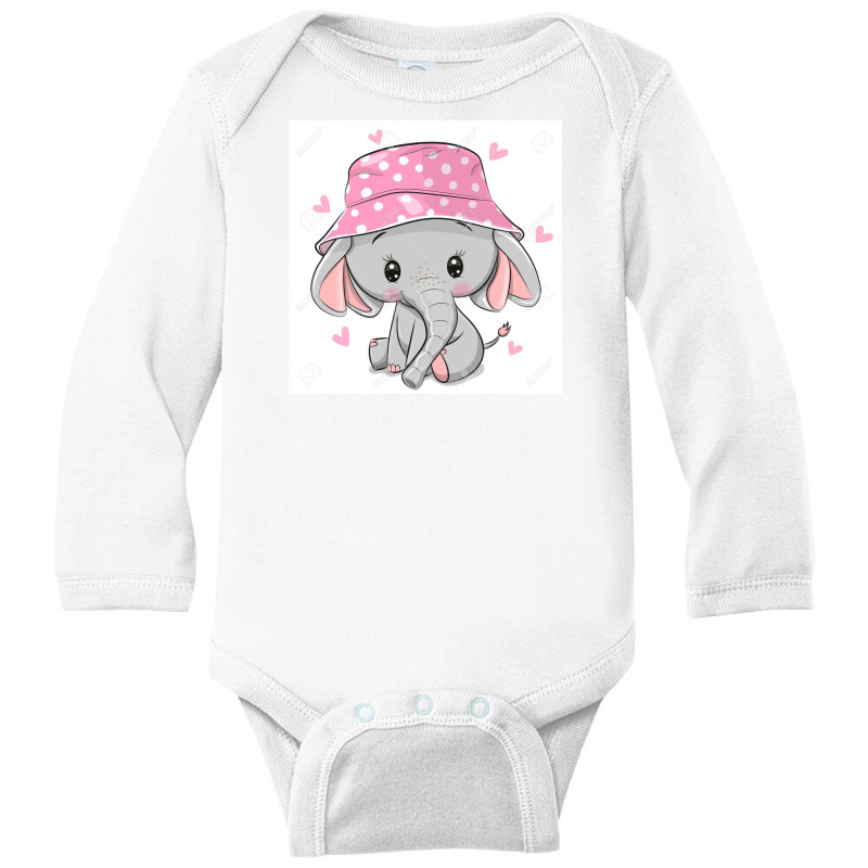 129328439 Cute Cartoon Elephant In A Pink Panama Hat Isolated On A Whi Long Sleeve Baby Bodysuit by Linda | Artistshot