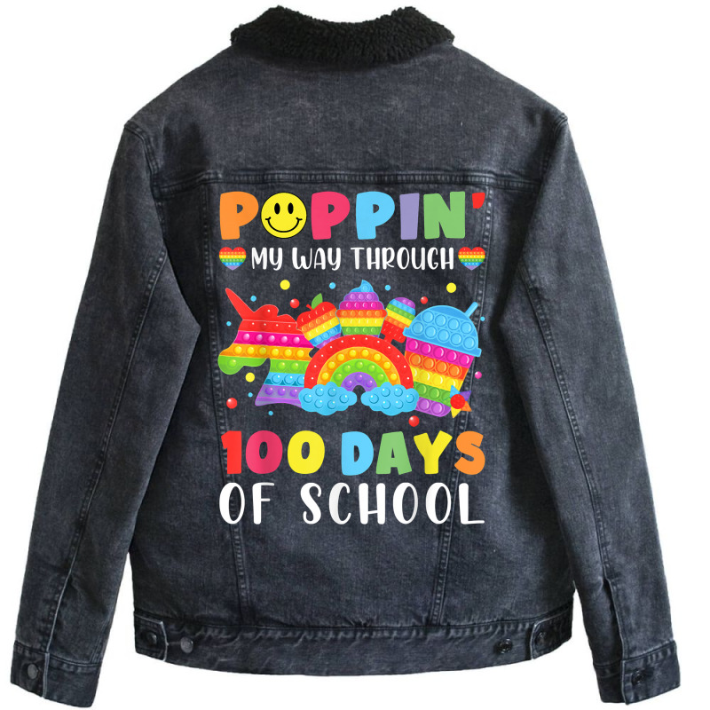 Happy 100 Days Of School Poppin My Way Through Teacher Kids T Shirt Unisex Sherpa-lined Denim Jacket | Artistshot