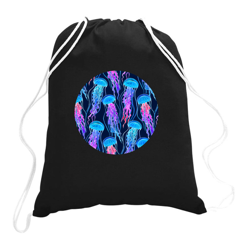 Luminescent Rainbow Jellyfish On Navy Blue .png Drawstring Bags | Artistshot