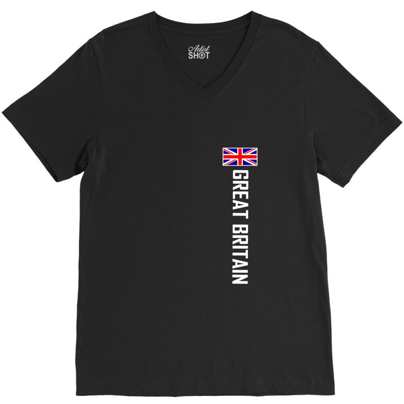 Great Britain Vertical With Flag White Text V-neck Tee | Artistshot