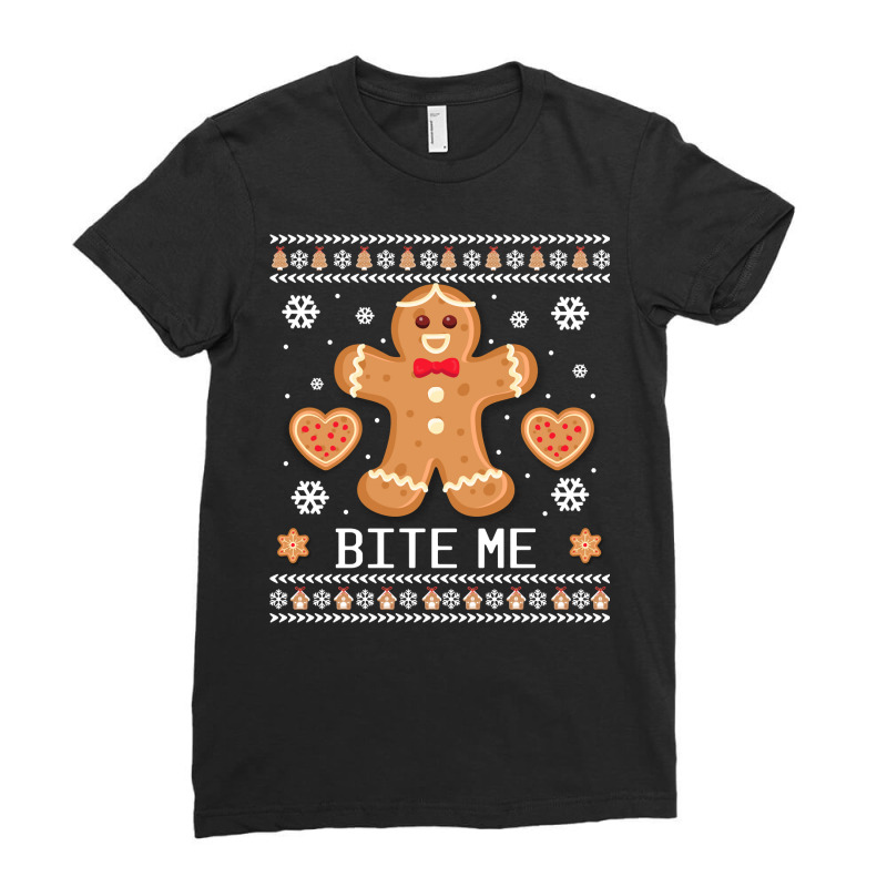 Ugly Christmas Sweater Bite Me Gingerbread Man Long Sleeve T Shirt Ladies Fitted T-Shirt by annien | Artistshot