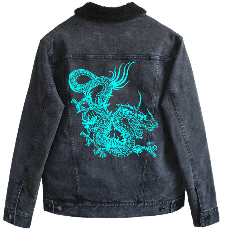 Turquoise Chinese Dragon Unisex Sherpa-Lined Denim Jacket by dobajagoldiiy | Artistshot